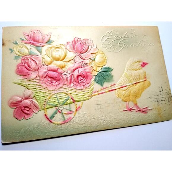 Easter Postcard Raised Image Baby Chick Fantasy Cart 1909 Airbrushed P Sanders - Picture 3 of 4